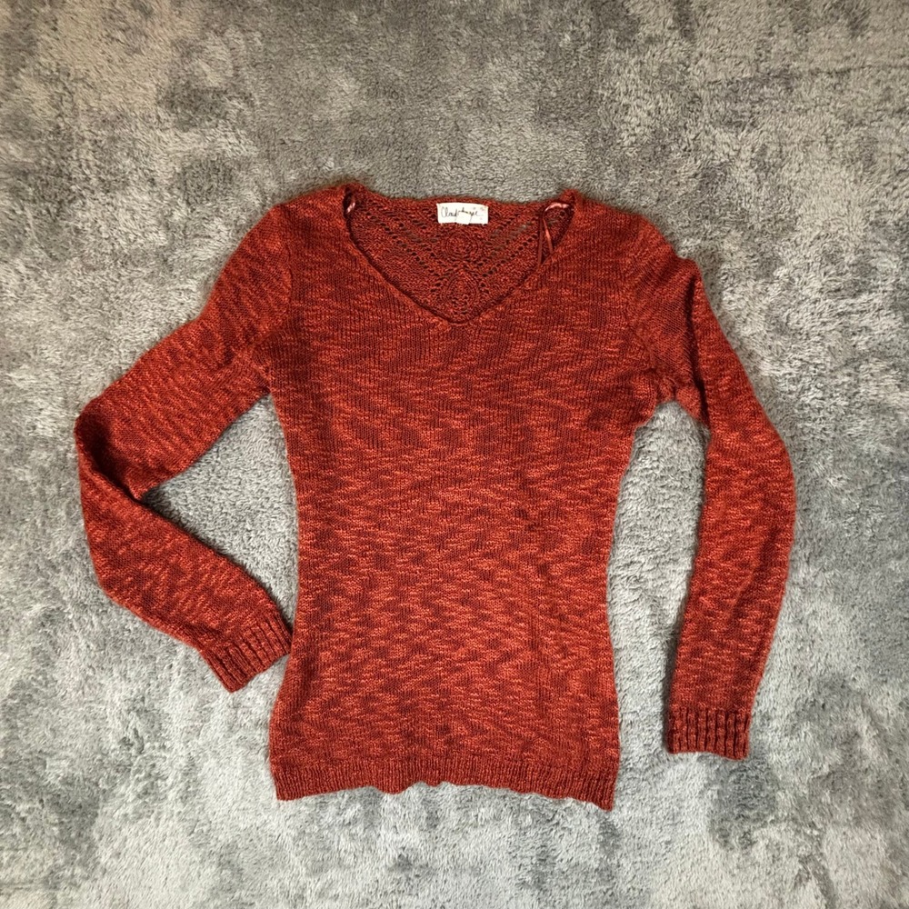 Cloud Chaser Burnt Orange Marl V-Neck Sweater Crochet Lace Back Detail Size M
